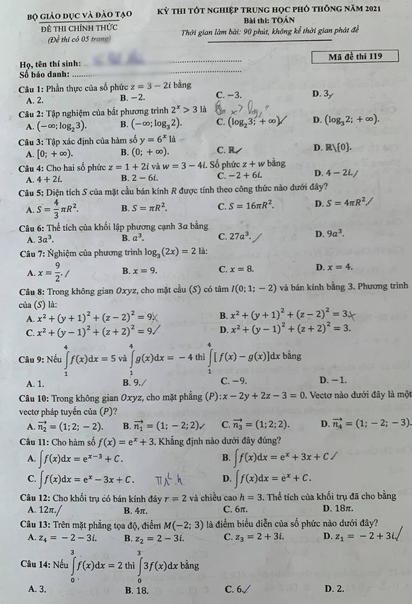 Đáp án đề thi môn Toán THPT Quốc gia 2021