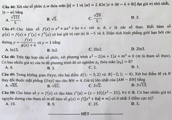 Đáp án đề thi môn Toán THPT Quốc gia 2021