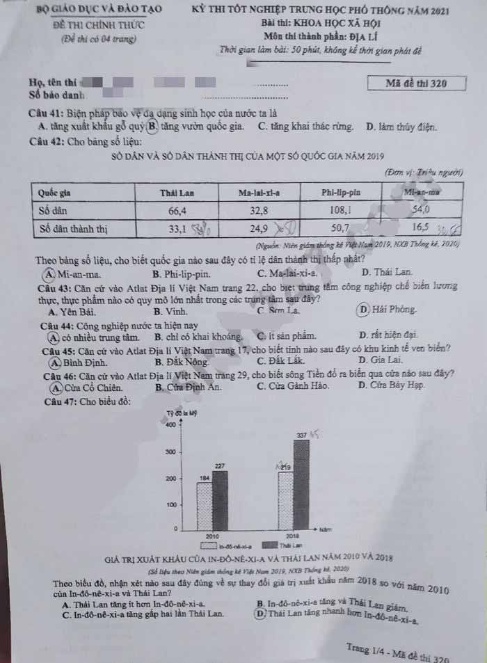 Đáp án đề thi THPT Quốc Gia 2021 môn Địa lý