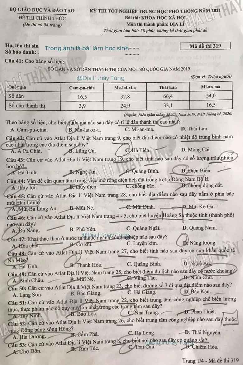 Đáp án đề thi THPT Quốc Gia 2021 môn Địa lý