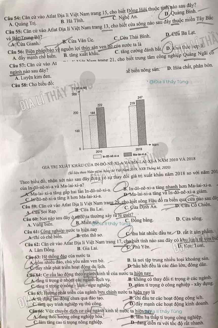 Đáp án đề thi THPT Quốc Gia 2021 môn Địa lý