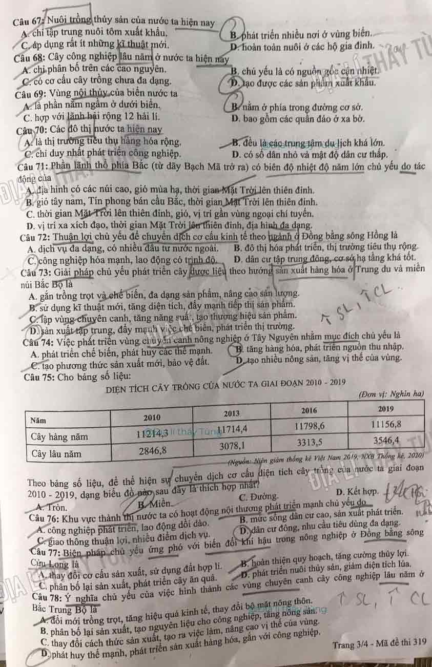Đáp án đề thi THPT Quốc Gia 2021 môn Địa lý