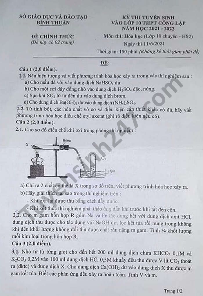 Đề thi tuyển sinh lớp 10 môn Hóa chuyên Bình Thuận năm 2021