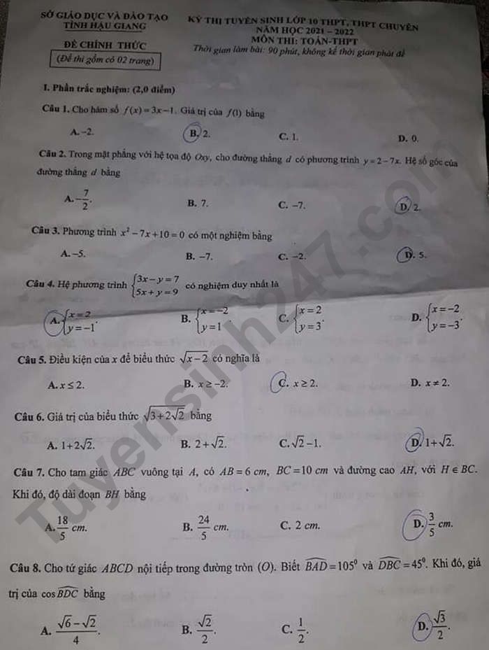 Đề thi vào lớp 10 năm 2021 tỉnh Hậu Giang môn Toán