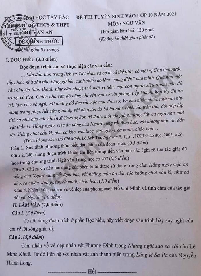 Đề thi tuyển sinh lớp 10 môn Văn Trường TH,THCS,THPT Chu Văn An năm 2021