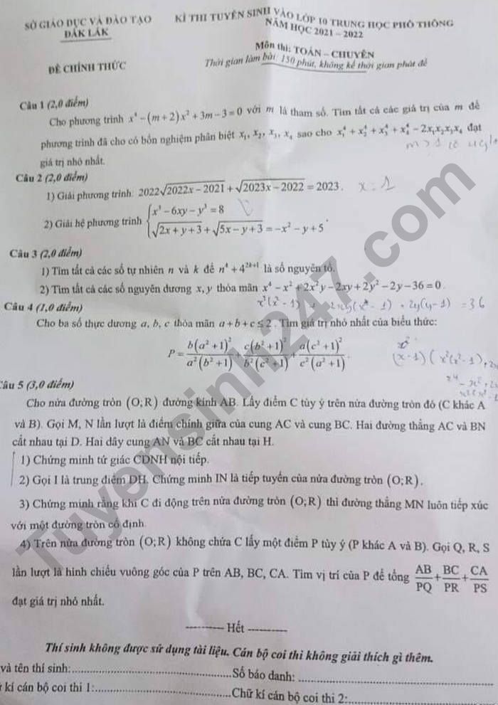 Đề thi tuyển sinh lớp 10 môn Toán Chuyên Đắk Lắk năm 2021