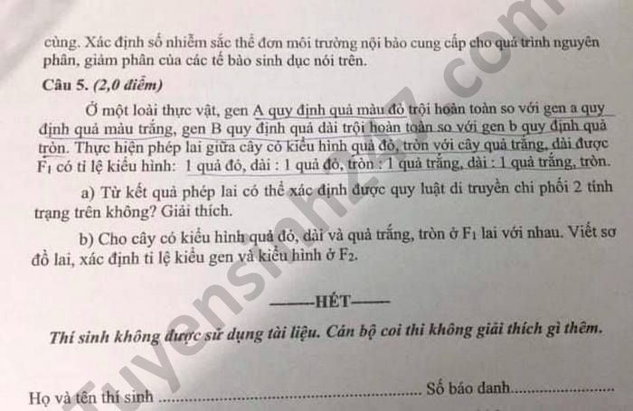 Đề thi tuyển sinh lớp 10 môn Sinh Chuyên Đắk Lắk năm 2021