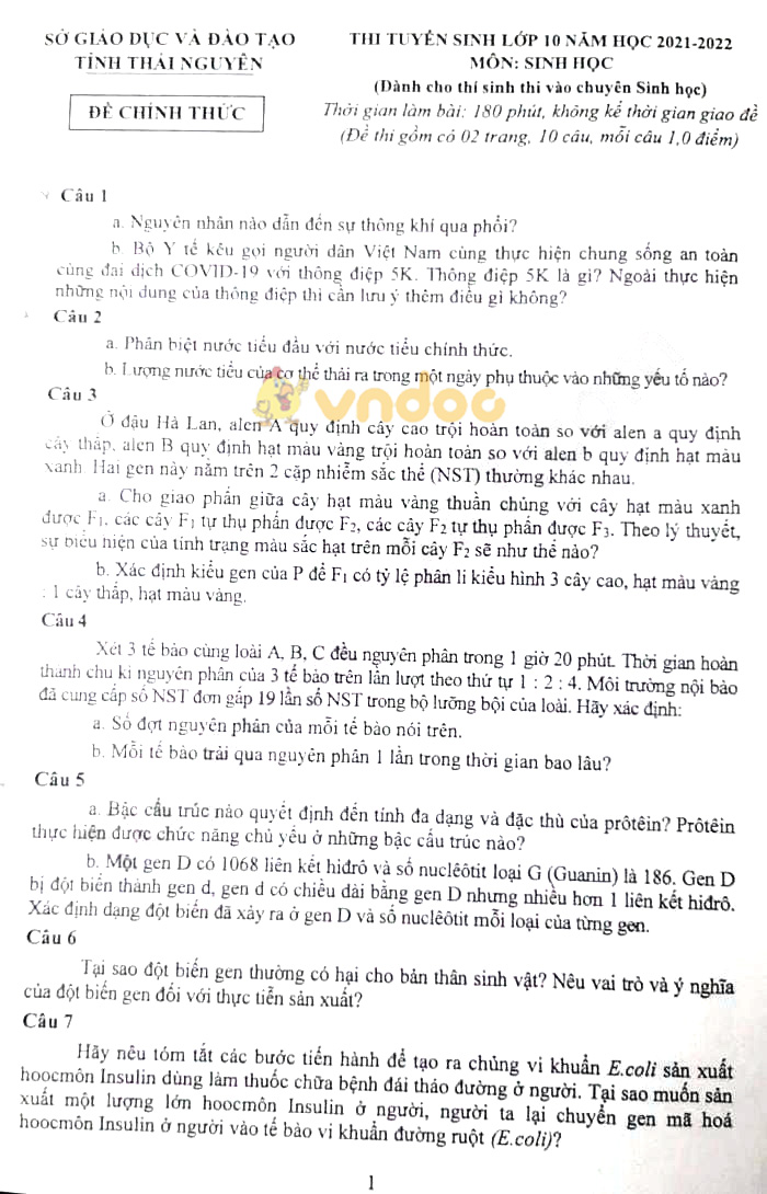 Đề thi tuyển sinh lớp 10 môn Sinh Chuyên Thái Nguyên năm 2021