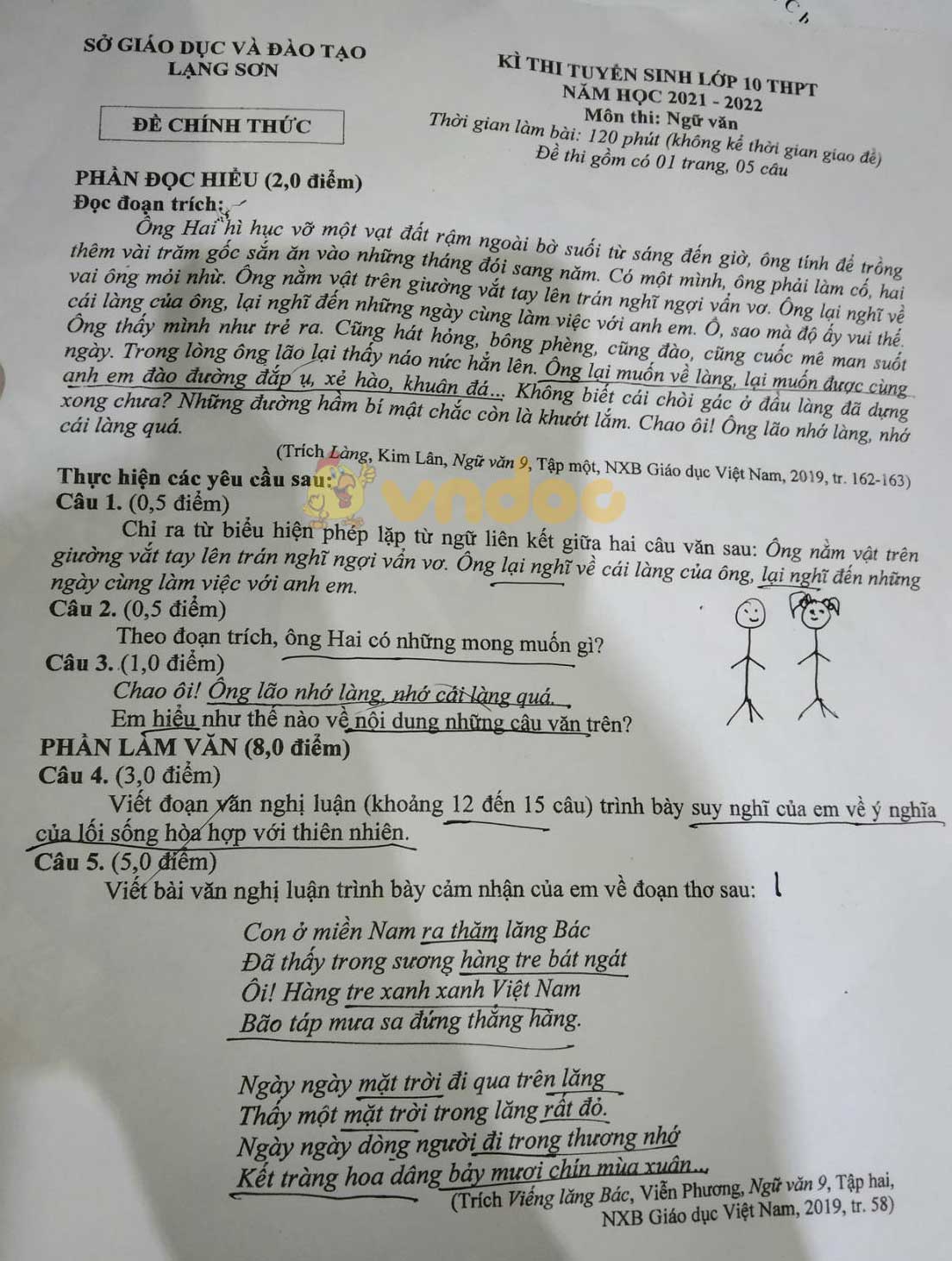 Đề thi vào lớp 10 môn Văn tỉnh Lạng Sơn năm 2021