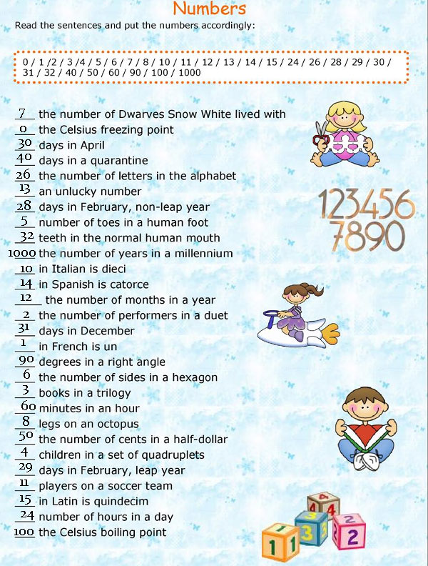 Bài tập tiếng Anh trẻ em: Number có đáp án