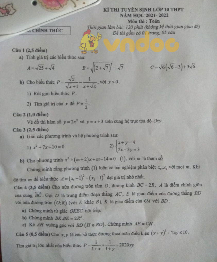 Đề thi tuyển sinh lớp 10 môn Toán Lạng Sơn 2021