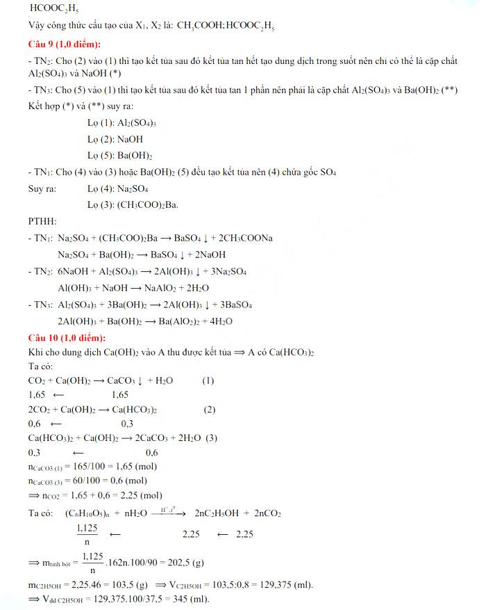Đáp án đề thi vào lớp 10 năm 2021 môn Hóa chuyên tỉnh Thái Nguyên