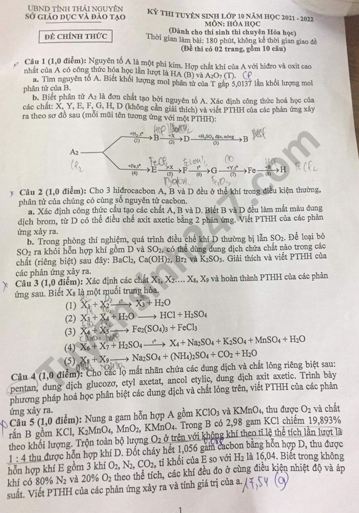 Đề thi vào lớp 10 năm 2021 môn Hóa chuyên tỉnh Thái Nguyên 
