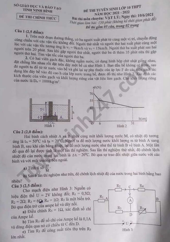 Đề thi vào lớp 10 THPT chuyên môn Lý tỉnh Ninh Bình năm 2021