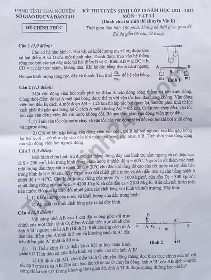 Đề thi tuyển sinh lớp 10 môn Vật lý Chuyên tỉnh Thái Nguyên năm 2021