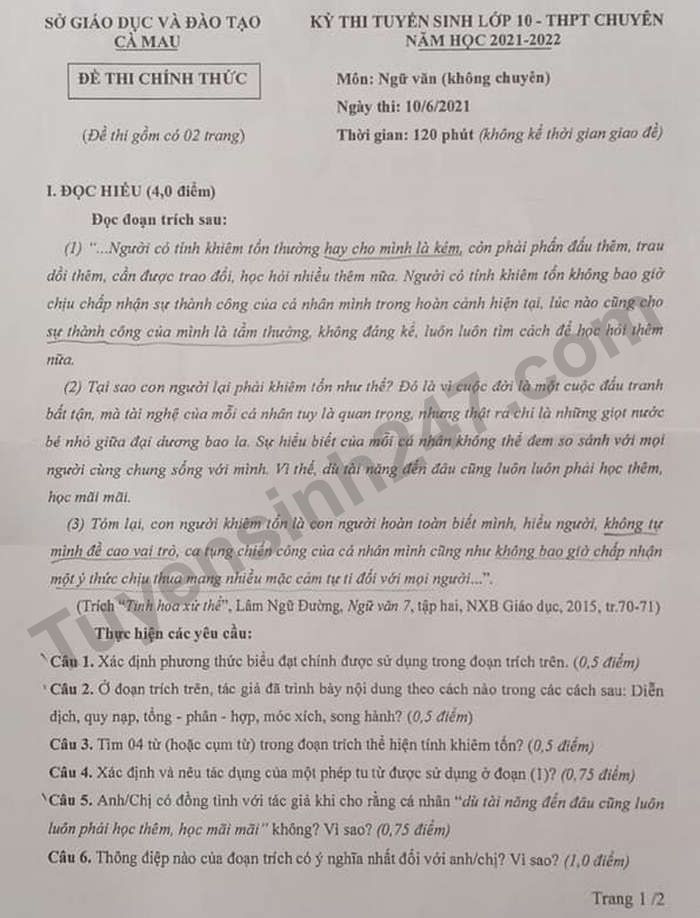 Đề thi vào lớp 10 THPT Chuyên - môn Văn tỉnh Cà Mau 2021