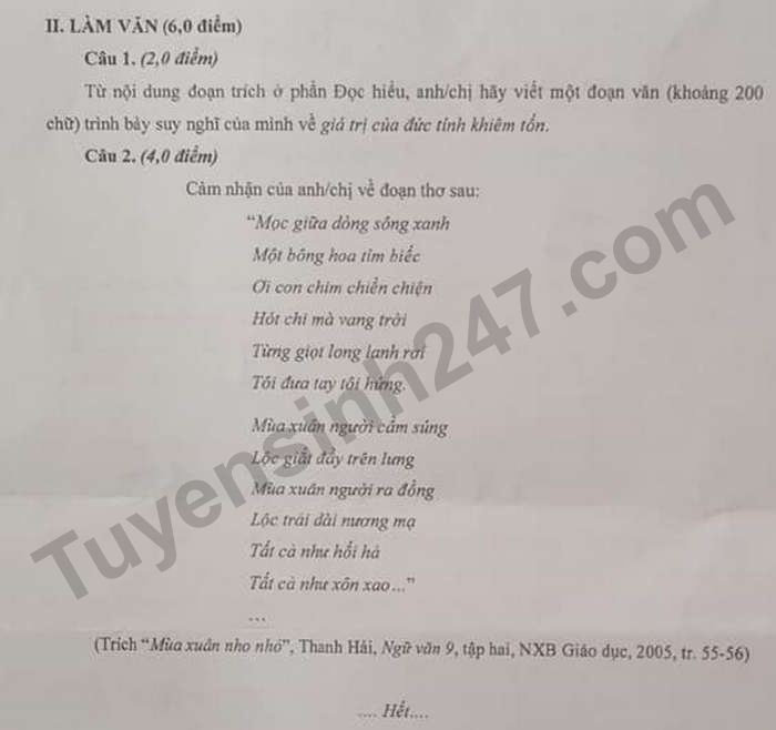 Đề thi vào lớp 10 THPT Chuyên - môn Văn tỉnh Cà Mau 2021