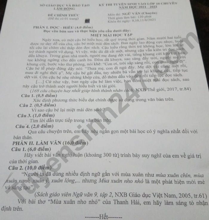 Đề thi vào lớp 10 môn Văn Chuyên - Lâm Đồng năm 2021