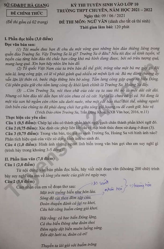 Đề thi vào lớp 10 THPT Chuyên Hà Giang môn Văn (chung) 2021