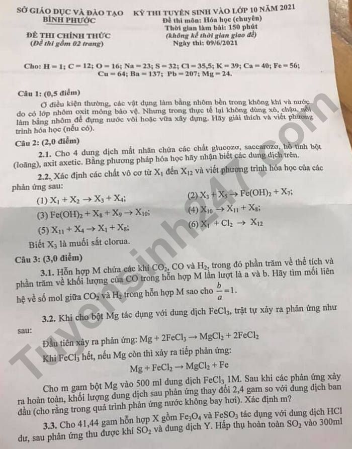 Đề thi vào lớp 10 tỉnh Bình Phước môn Hóa Chuyên 2021