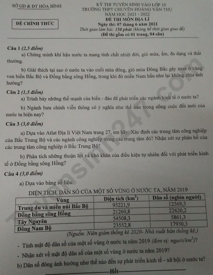 Đề thi tuyển sinh lớp 10 môn Địa chuyên tỉnh Hòa Bình năm 2021