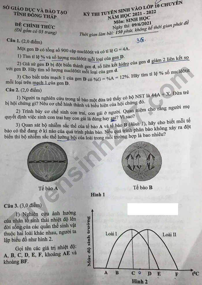 Đề thi tuyển sinh lớp 10 môn Sinh Chuyên Đồng Tháp năm 2021