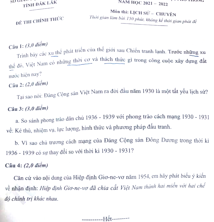 Đề thi tuyển sinh lớp 10 môn Sử Chuyên Đắk Lắk năm 2021