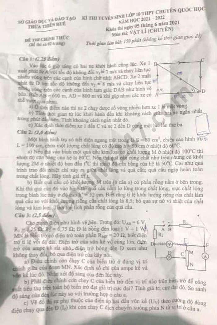 Đề thi vào lớp 10 năm 2021 môn Lý chuyên tỉnh Thừa Thiên Huế
