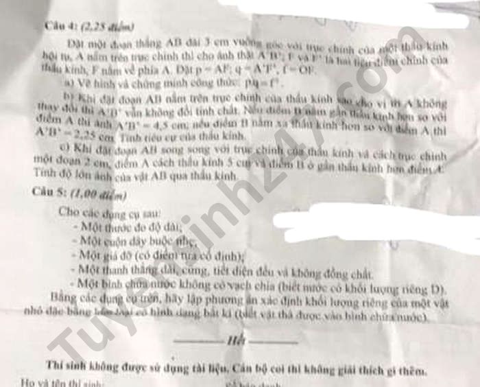Đề thi vào lớp 10 năm 2021 môn Lý chuyên tỉnh Thừa Thiên Huế
