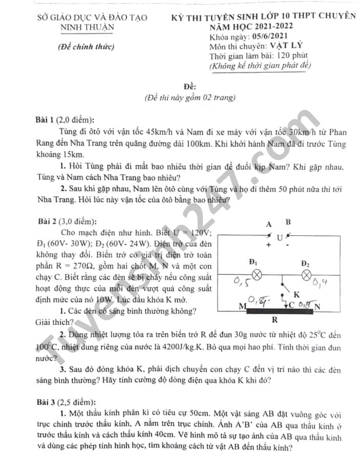 Đề thi vào lớp 10 THPT chuyên tỉnh Ninh Thuận môn Lý năm 2021