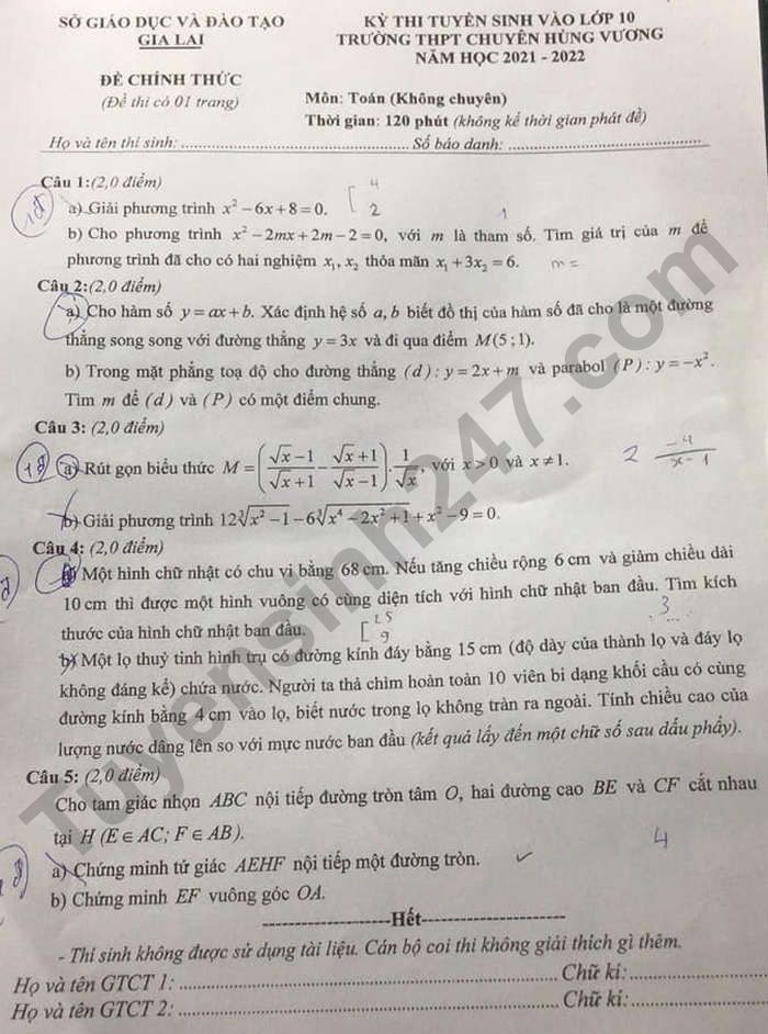 Đề thi vào lớp 10 Chuyên Hùng Vương - Gia Lai môn Toán (chung) 2021