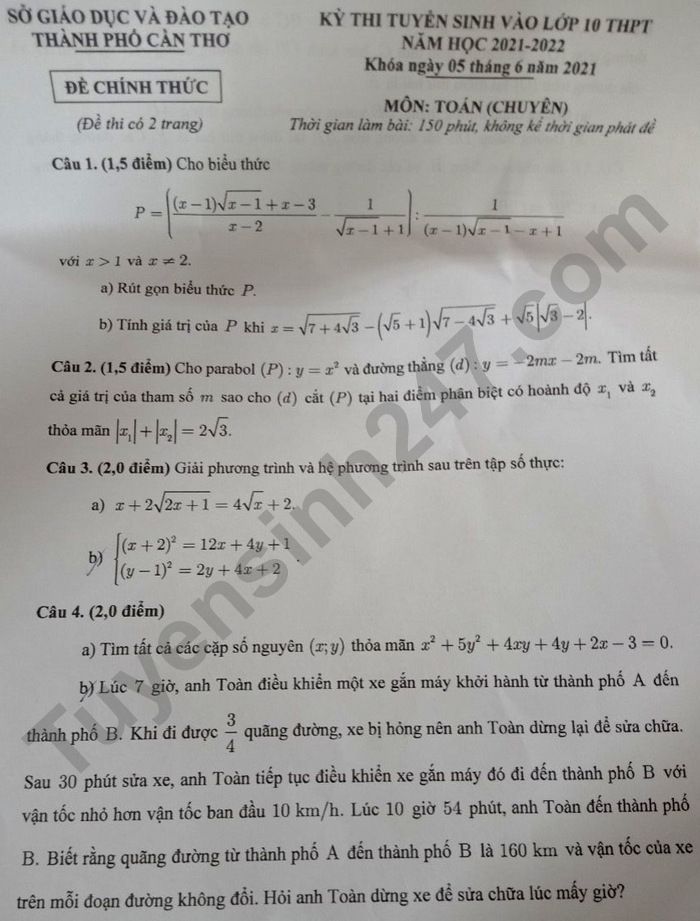Đề thi vào lớp 10 năm 2021 môn Toán Chuyên - TP Cần Thơ