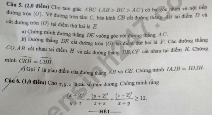 Đề thi vào lớp 10 năm 2021 môn Toán Chuyên - TP Cần Thơ