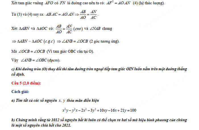 Đáp án đề thi vào lớp 10 môn Toán chuyên Tin - THPT Chuyên Quốc Học Huế 2021