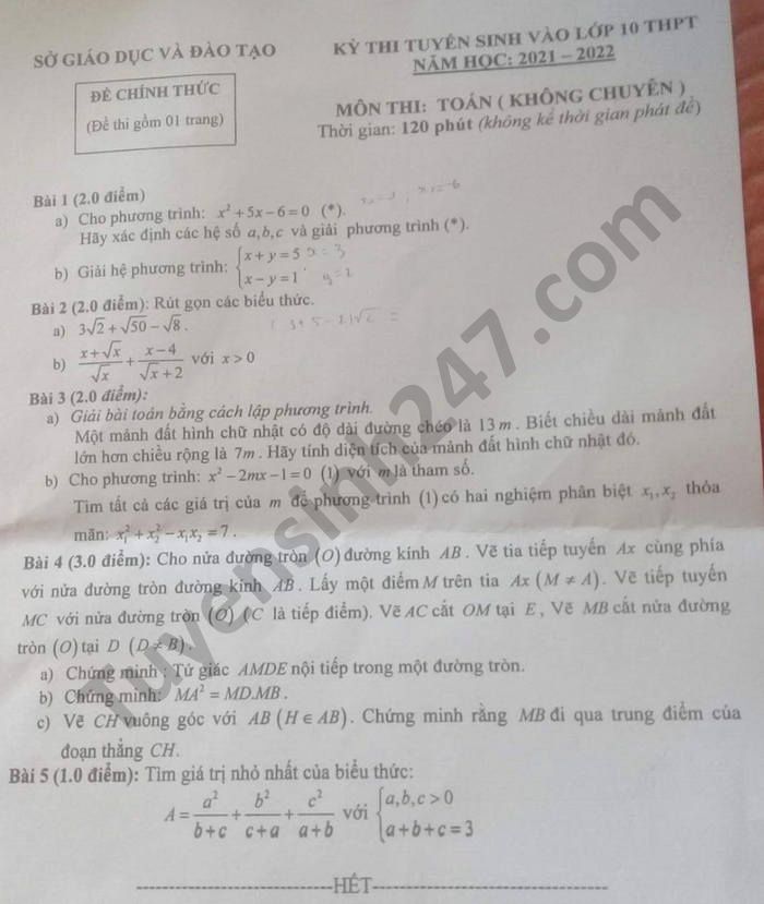Đề thi vào lớp 10 THPT năm 2021 môn Toán tỉnh Đắk Nông
