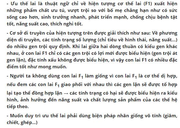 Ưu thế lai l&agrave; g&igrave;? cho biết cơ sở di truyền của hiện tượng ưu thế lai? tai xao kh&ocirc;ng d&ugrave;ng cơ sở lai F1 để nh&acirc;n giống? muốn duy tr&igrave; ưu thế lai th&igrave; phải d&ugrave;ng biện ph&aacute;p g&igrave;?