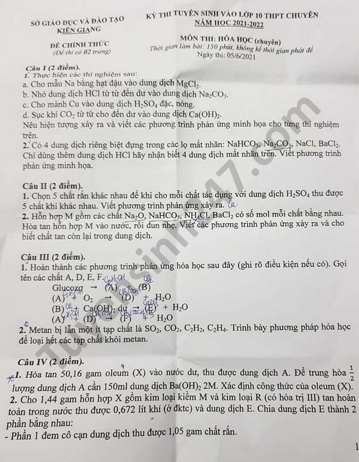 Đề thi vào lớp 10 THPT chuyên năm 2021 môn Hóa tỉnh Kiên Giang 