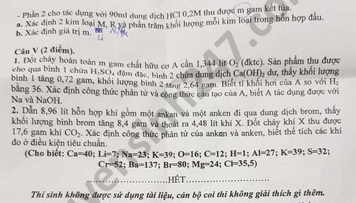Đề thi vào lớp 10 THPT chuyên năm 2021 môn Hóa tỉnh Kiên Giang 