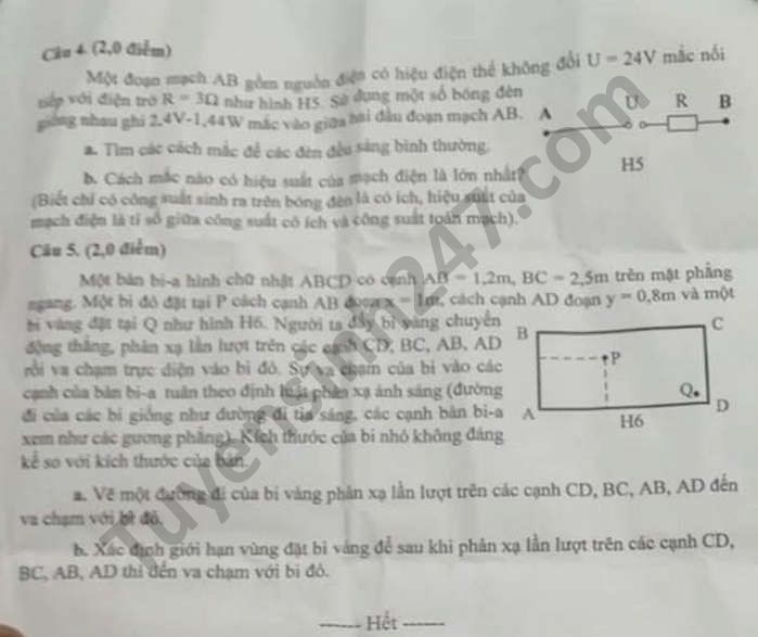 Đề thi tuyển sinh lớp 10 môn Vật lý Chuyên tỉnh Quảng Nam năm 2021