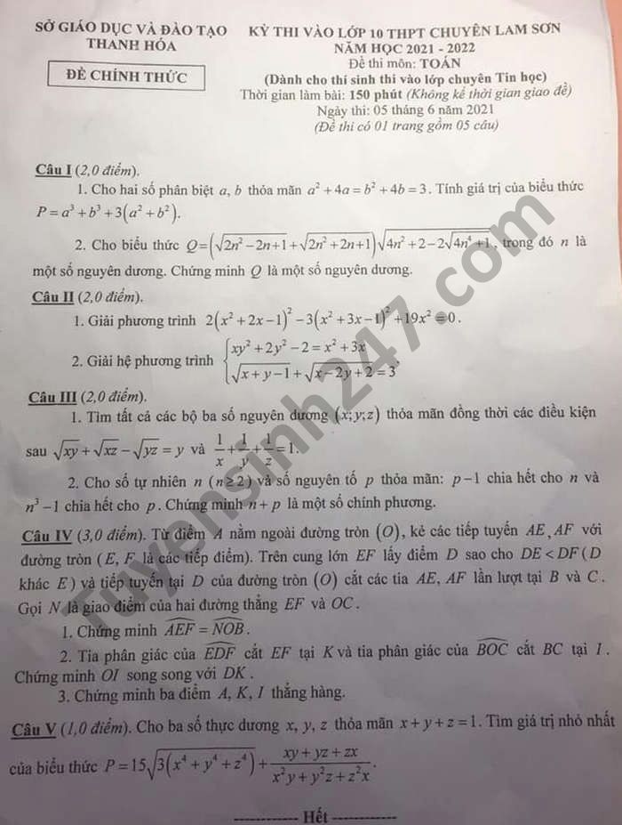 Đề thi tuyển sinh lớp 10 môn Toán THPT Chuyên Lam Sơn 2021