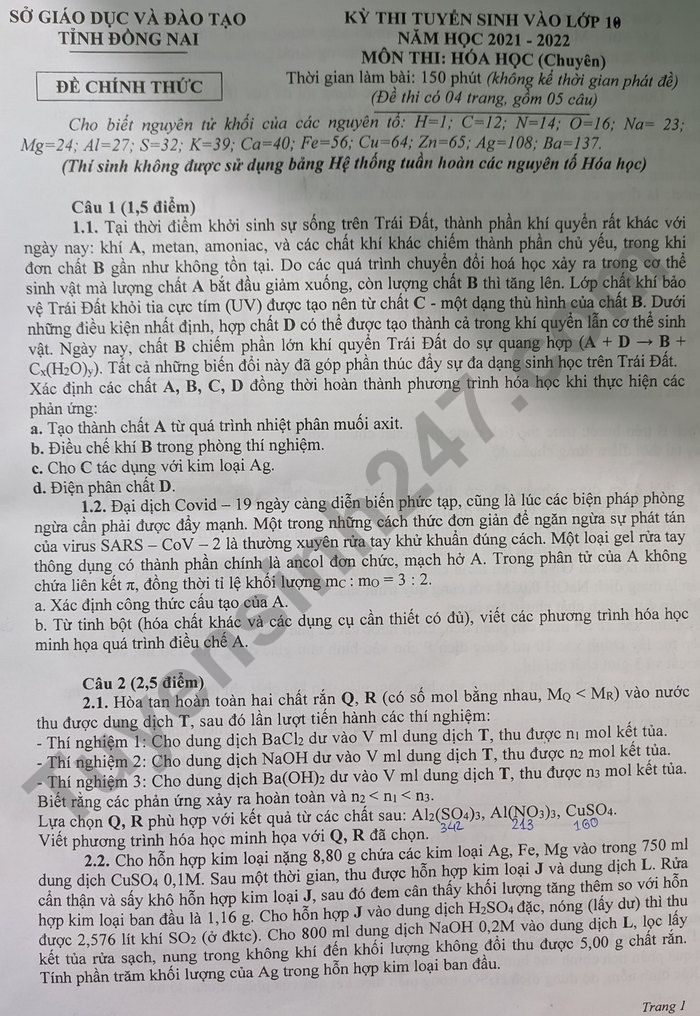 Đề thi môn Hóa chuyên vào lớp 10 - Đồng Nai 2021