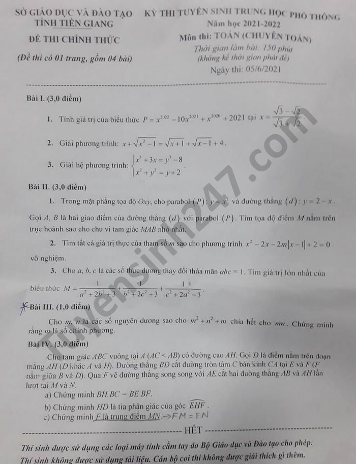 Đề thi tuyển sinh lớp 10 môn Toán Chuyên tỉnh Tiền Giang năm 2021
