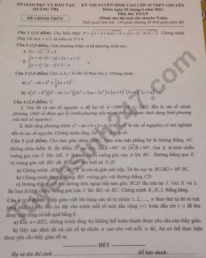 Đề thi tuyển sinh lớp 10 môn Toán Chuyên tỉnh Quảng Trị năm 2021