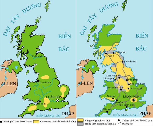 Quan s&aacute;t hai lược đồ tr&ecirc;n, em h&atilde;y n&ecirc;u những biến đổi ở nước Anh sau khi ho&agrave;n th&agrave;nh c&aacute;ch mạng c&ocirc;ng nghiệp?