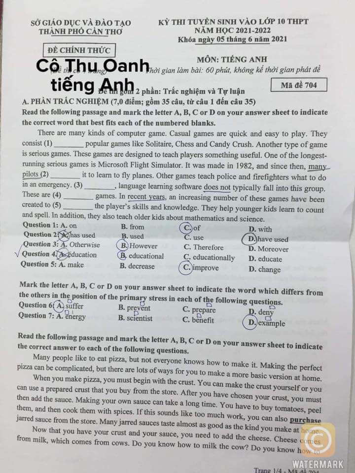 Đáp án Đề thi tuyển sinh lớp 10 môn Anh Cần Thơ 2021