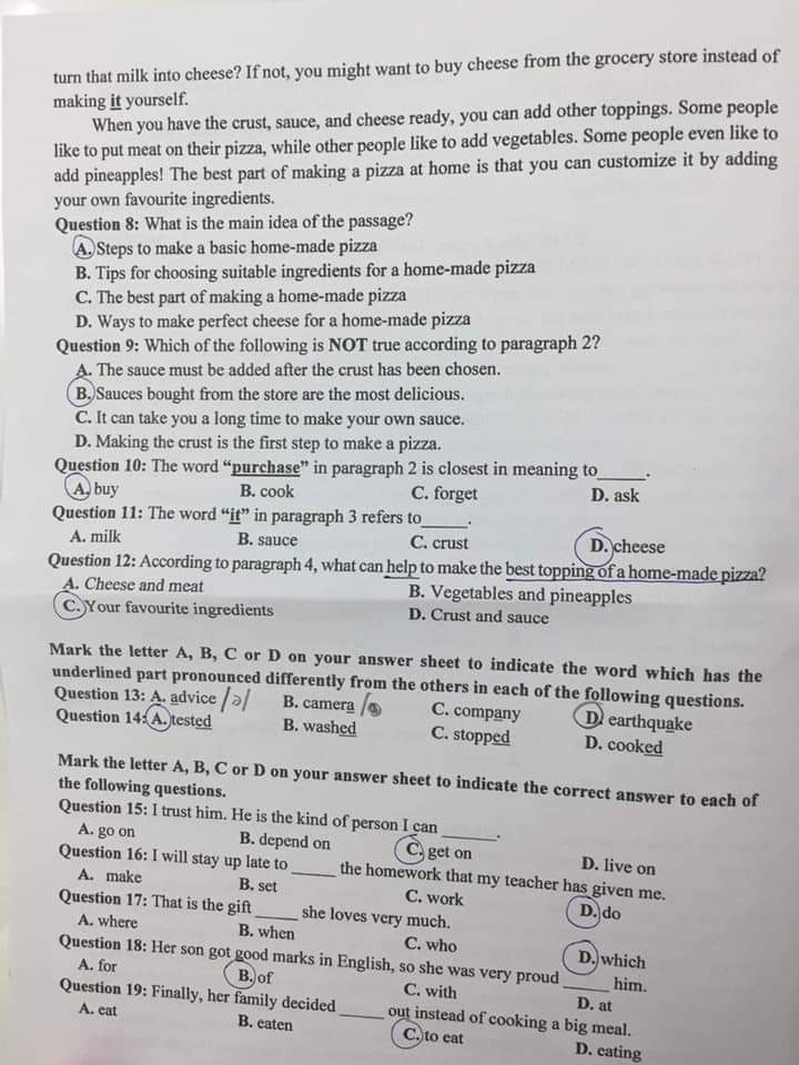 Đáp án Đề thi tuyển sinh lớp 10 môn Anh Cần Thơ 2021
