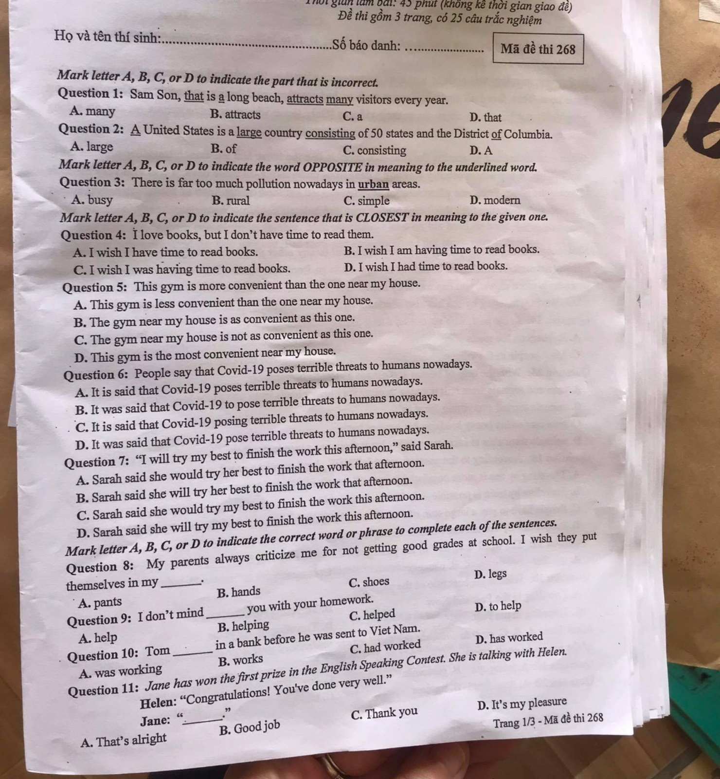 Đáp án Đề thi tuyển sinh lớp 10 môn Anh Hải Phòng 2021