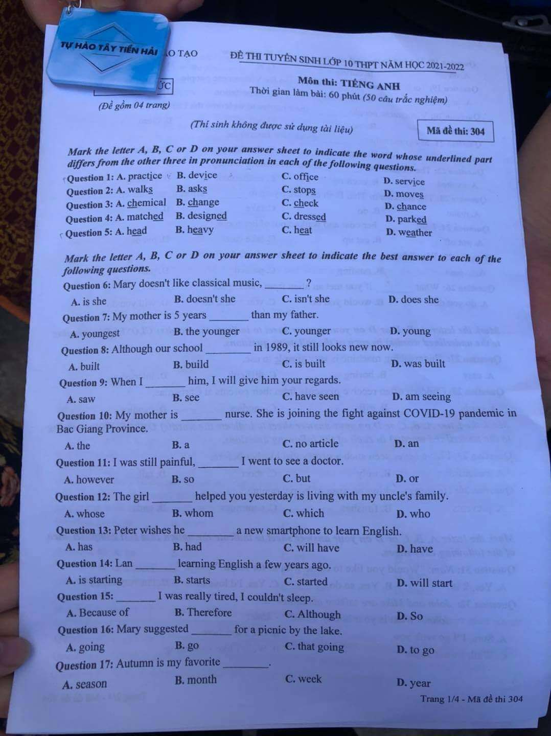 Đáp án đề thi tuyển sinh lớp 10 môn Anh tỉnh Thái Bình 2021