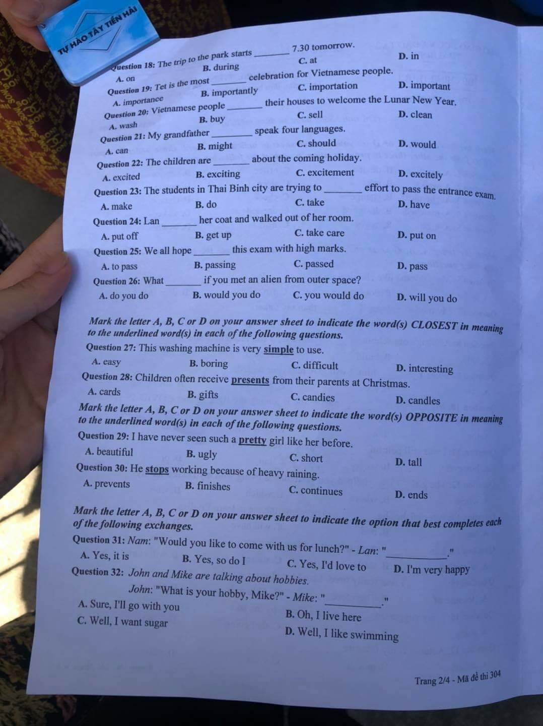 Đáp án đề thi tuyển sinh lớp 10 môn Anh tỉnh Thái Bình 2021