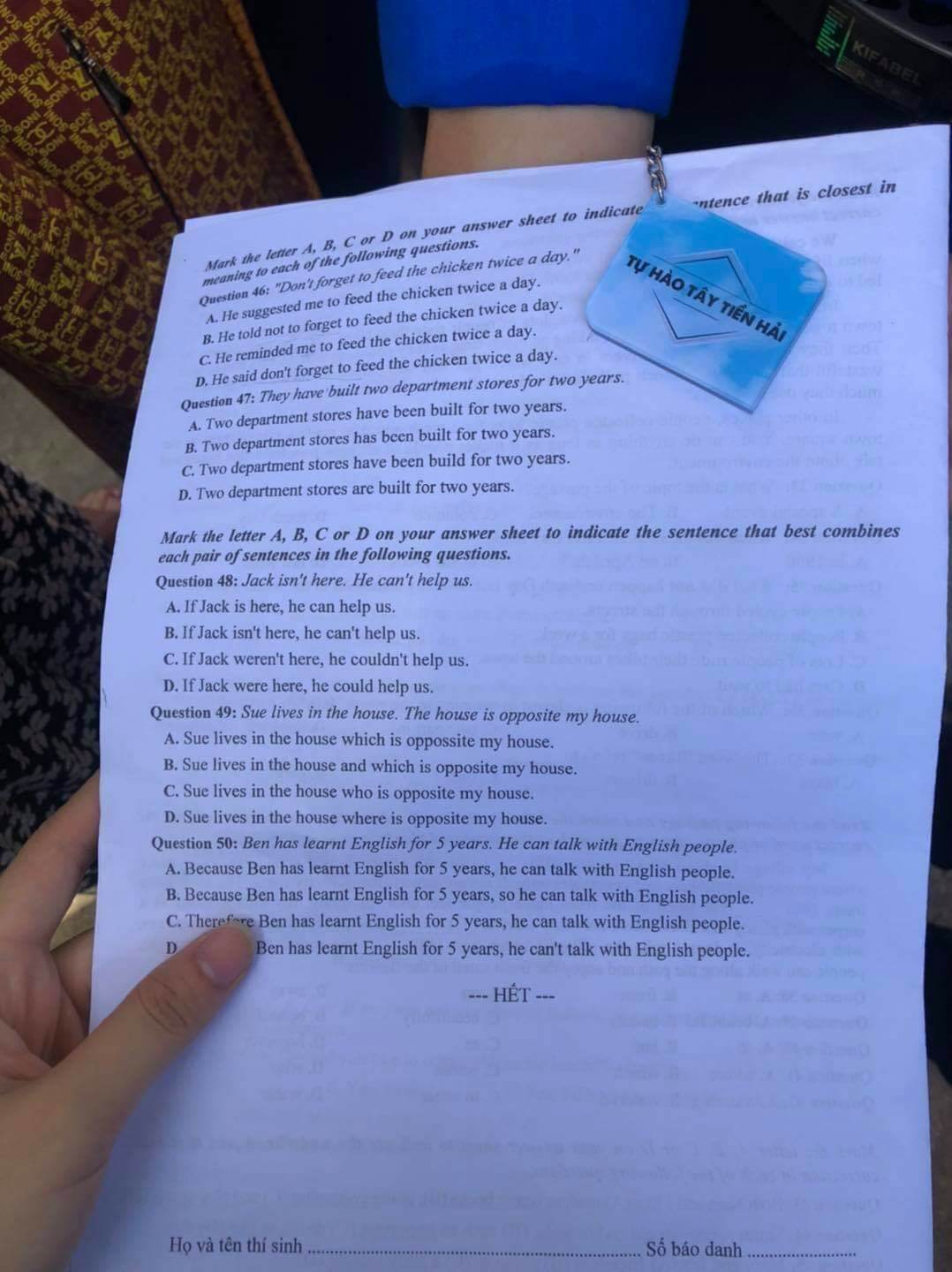 Đáp án đề thi tuyển sinh lớp 10 môn Anh tỉnh Thái Bình 2021